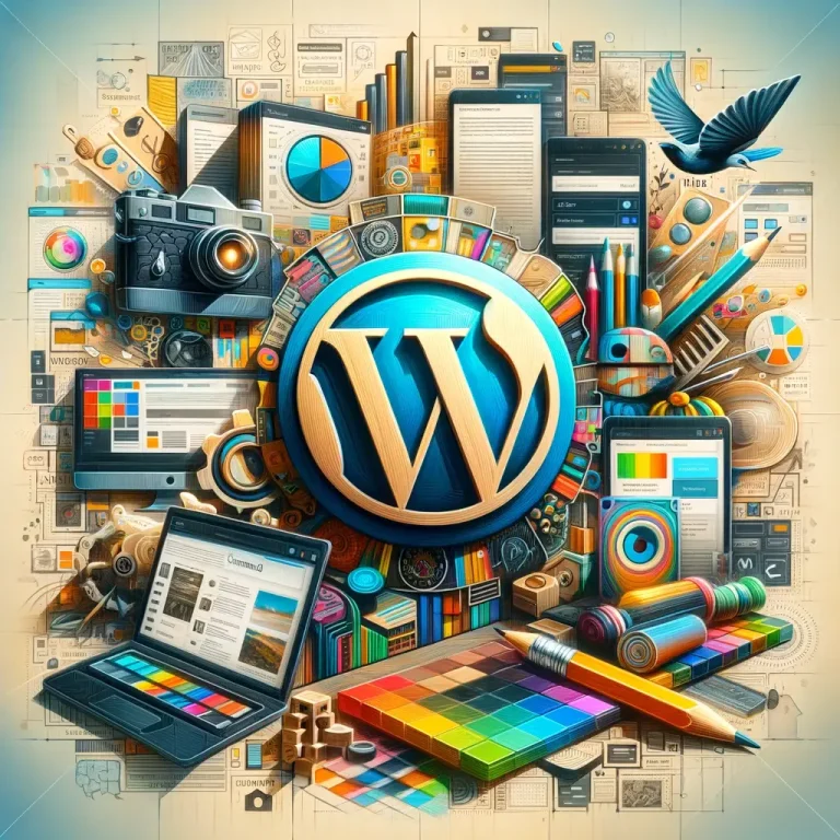 An artistic representation of website design and creativity inspired by WordPress 6.4 'Shirley' update. The image should reflect modern website building